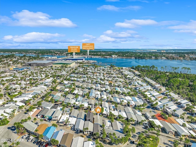 drone / aerial view with a water view