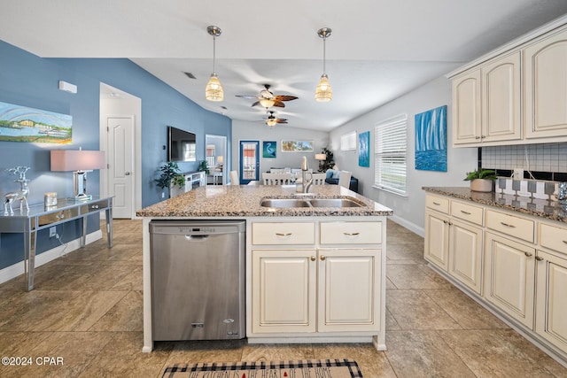 kitchen featuring dishwasher, sink, vaulted ceiling, an island with sink, and decorative light fixtures