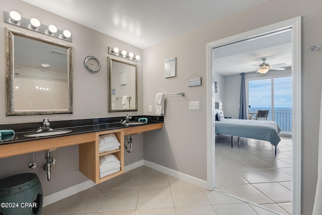 bathroom featuring ceiling fan, vanity, tile patterned flooring, and a water view