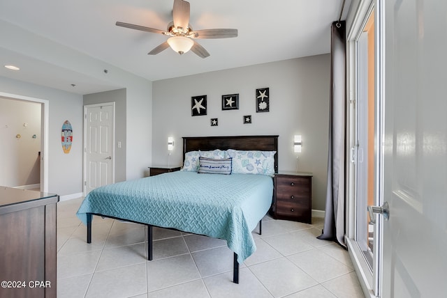 bedroom with ceiling fan and light tile patterned floors