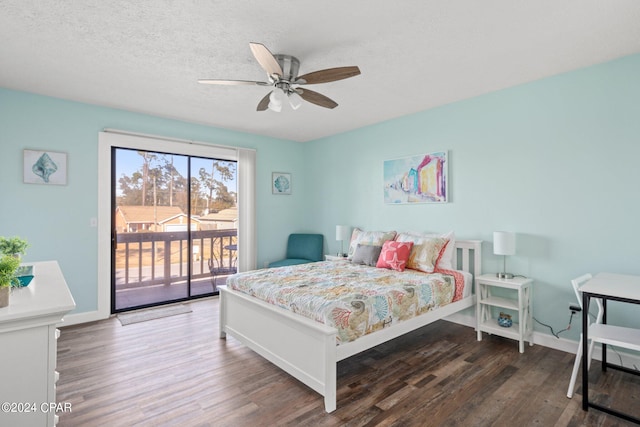 bedroom with access to outside, a textured ceiling, dark hardwood / wood-style floors, and ceiling fan