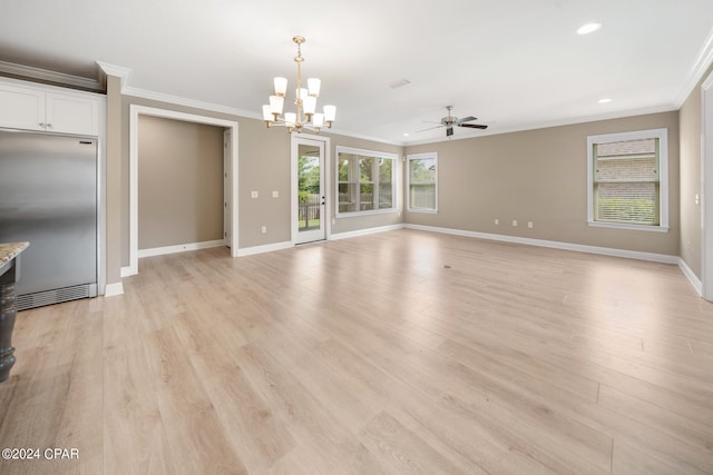 interior space featuring crown molding, ceiling fan with notable chandelier, and light wood-type flooring