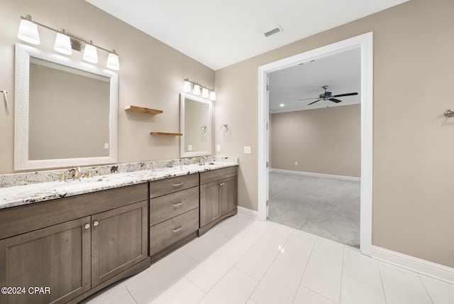 bathroom with vanity, ceiling fan, and tile patterned floors