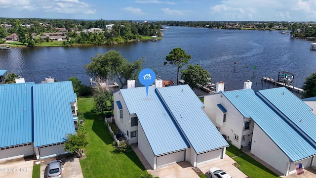 drone / aerial view with a water view