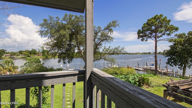 view of water feature with a dock