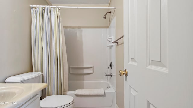 full bathroom with vanity, toilet, and shower / bathtub combination with curtain