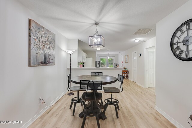 dining room with light hardwood / wood-style floors and a textured ceiling