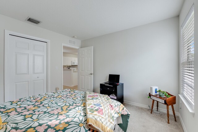 bedroom featuring multiple windows, light colored carpet, and a closet