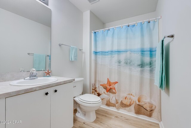 bathroom featuring a shower with curtain, wood-type flooring, toilet, and vanity