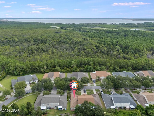 bird's eye view with a water view