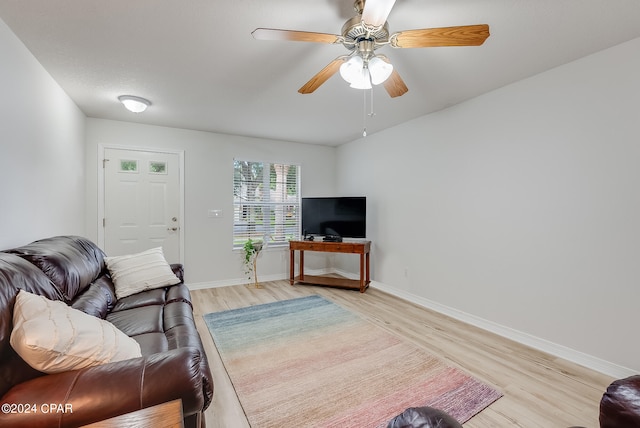 living room with ceiling fan and light hardwood / wood-style floors