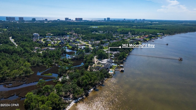 aerial view featuring a water view