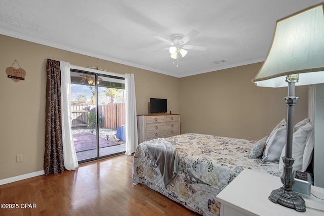 bedroom featuring ornamental molding, hardwood / wood-style floors, access to exterior, and ceiling fan