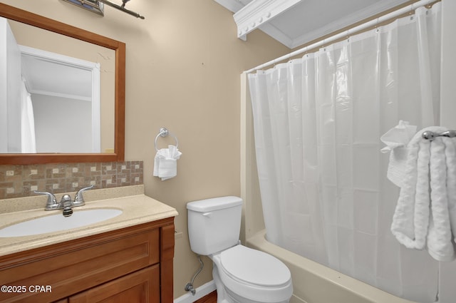 full bathroom featuring shower / tub combo, tasteful backsplash, vanity, ornamental molding, and toilet