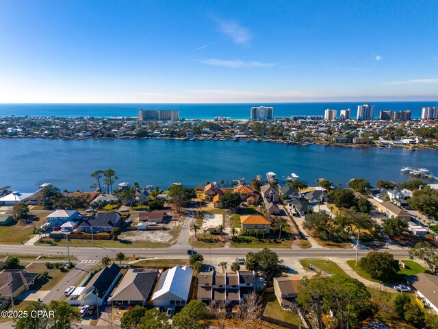 drone / aerial view with a water view