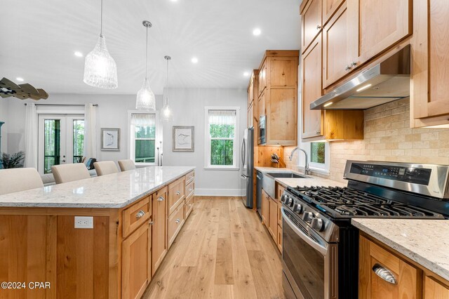 kitchen with a center island, french doors, hanging light fixtures, light hardwood / wood-style flooring, and stainless steel appliances