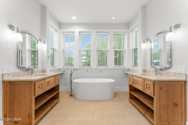 bathroom featuring vanity, a tub to relax in, and a wealth of natural light