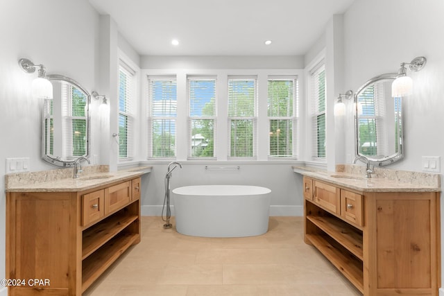 bathroom featuring a healthy amount of sunlight, a bathing tub, and vanity