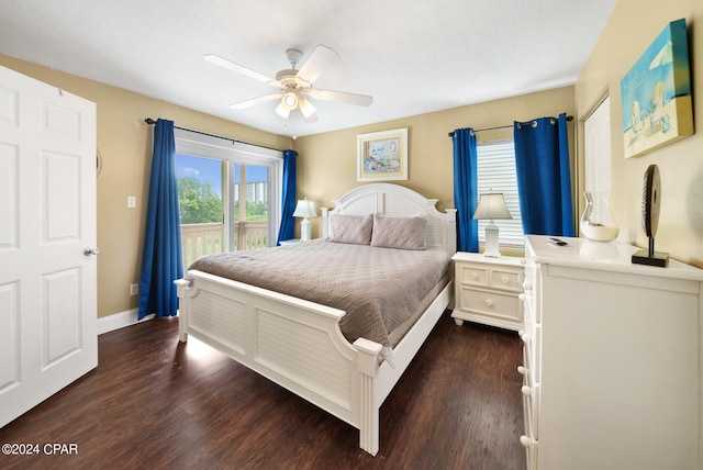 bedroom with access to exterior, ceiling fan, and dark hardwood / wood-style floors