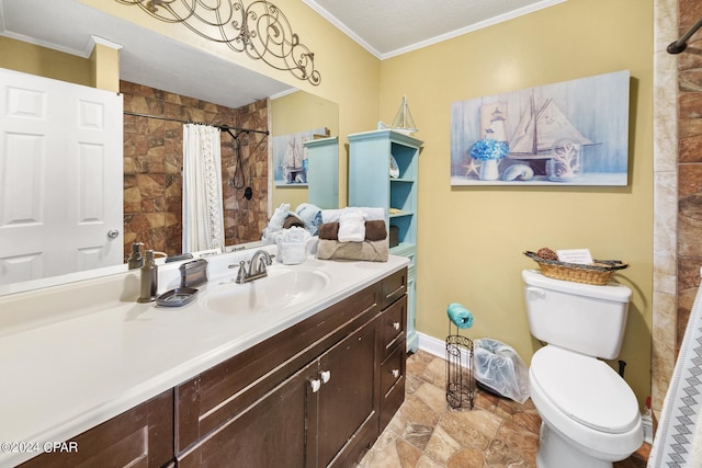 bathroom with vanity, toilet, ornamental molding, and a shower with shower curtain