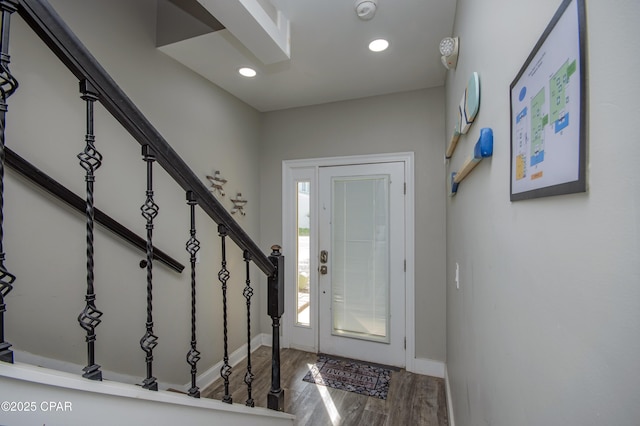 112 Riviera Dr, Panama City Beach, FL 32413 - entryway featuring wood finished floors, stairway, recessed lighting, and baseboards