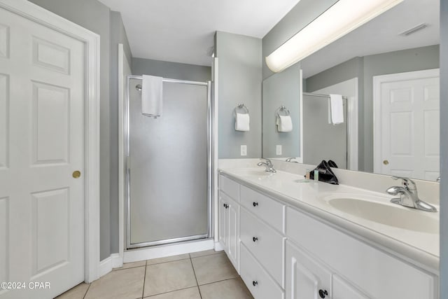 full bath featuring tile patterned floors, visible vents, a shower stall, and a sink