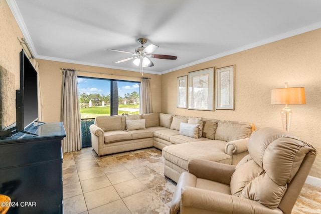 living room with a textured wall, crown molding, a ceiling fan, and light tile patterned floors
