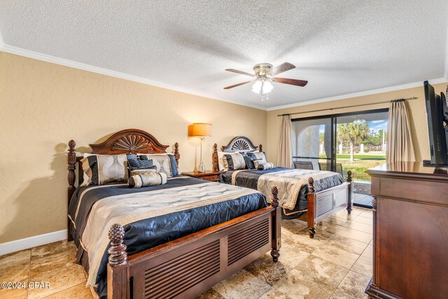 bedroom featuring ceiling fan, ornamental molding, access to exterior, and a textured ceiling