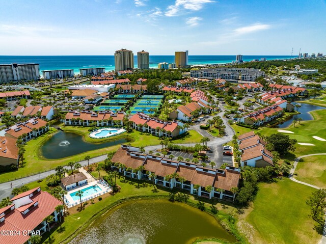 drone / aerial view featuring a water view