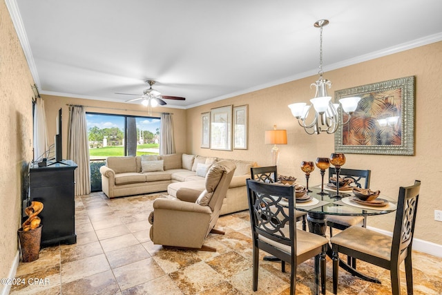 interior space with ceiling fan with notable chandelier, a textured wall, and ornamental molding