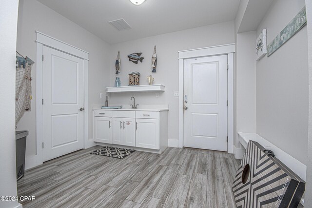 bathroom featuring wood-type flooring and vanity