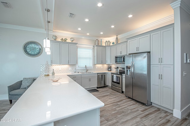 kitchen with sink, light hardwood / wood-style flooring, appliances with stainless steel finishes, decorative light fixtures, and crown molding