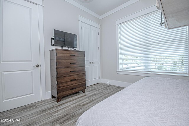 bedroom featuring a closet, light hardwood / wood-style floors, and crown molding