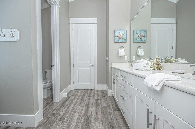 bathroom featuring vaulted ceiling, vanity, toilet, and hardwood / wood-style flooring