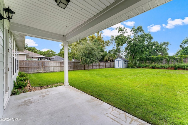 view of yard featuring a shed and a patio