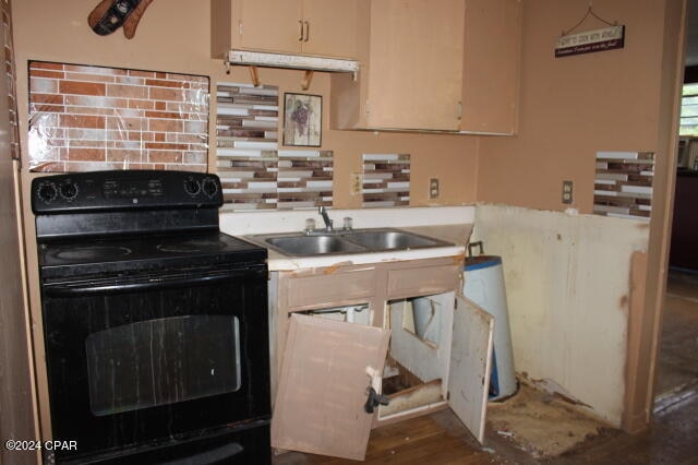 kitchen featuring backsplash, dark hardwood / wood-style floors, sink, and electric range