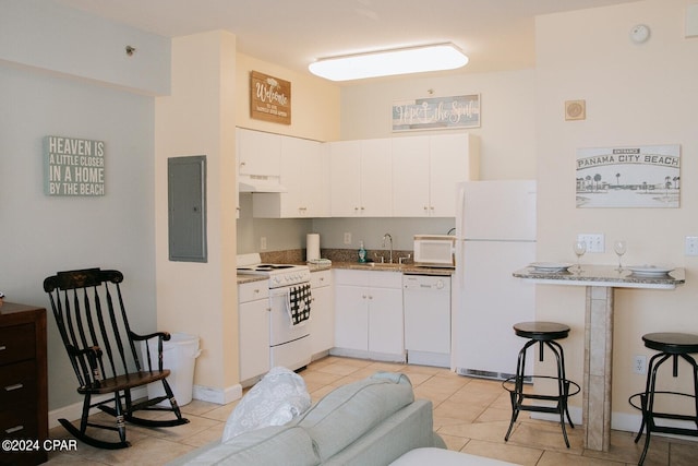 kitchen with white cabinets, electric panel, sink, white appliances, and range hood