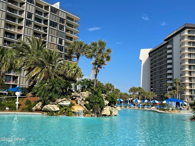 view of water feature with a beach view