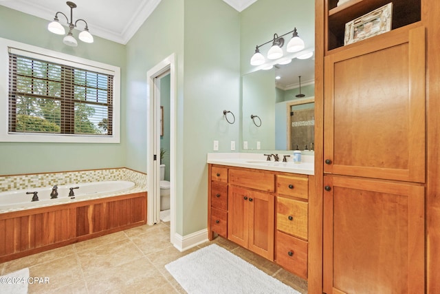 full bathroom with vanity, tile patterned flooring, toilet, ornamental molding, and plus walk in shower