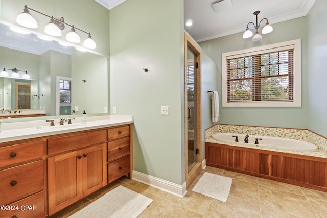 bathroom with tile patterned flooring, vanity, separate shower and tub, and ornamental molding