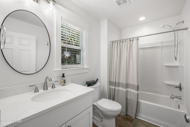 full bathroom with shower / bath combination with curtain, vanity, toilet, and wood-type flooring