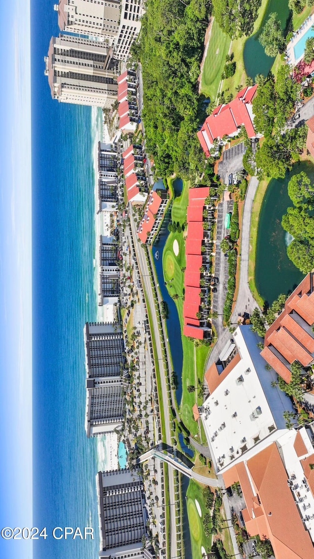 drone / aerial view with a water view