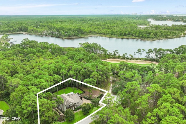 birds eye view of property with a water view and a view of trees