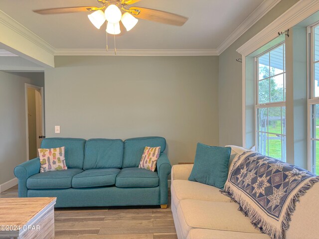 living room with ceiling fan, light hardwood / wood-style flooring, and crown molding