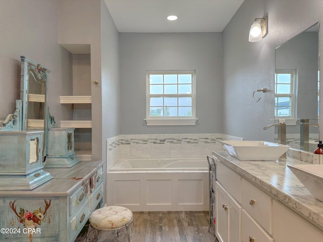 bathroom featuring wood-type flooring, plenty of natural light, a bathtub, and vanity