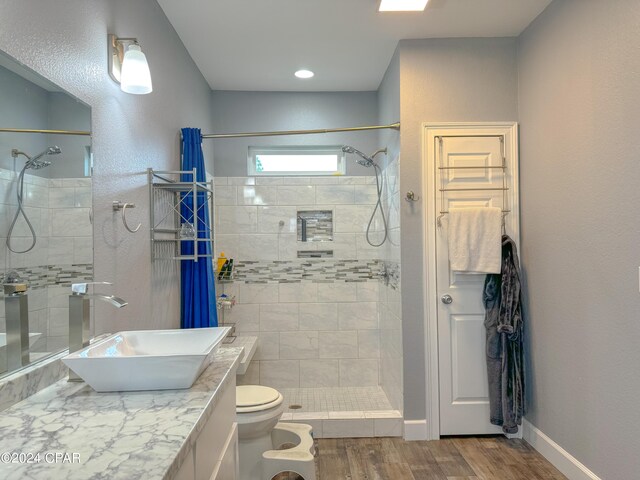 bathroom featuring a shower with shower curtain, wood-type flooring, vanity, and toilet