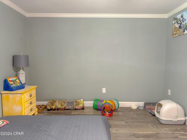 playroom with hardwood / wood-style flooring and ornamental molding