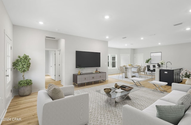 living room featuring sink and light wood-type flooring