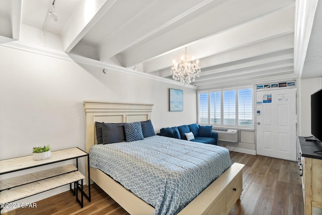 14401 Front Beach Rd Unit 406, Panama City Beach, FL 32413 - bedroom featuring wood finished floors, a chandelier, beamed ceiling, baseboards, and a wall unit AC