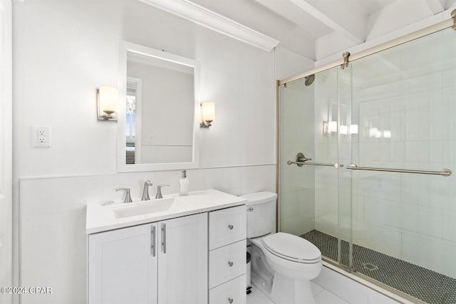 bathroom featuring vanity, an enclosed shower, tile patterned floors, tile walls, and toilet